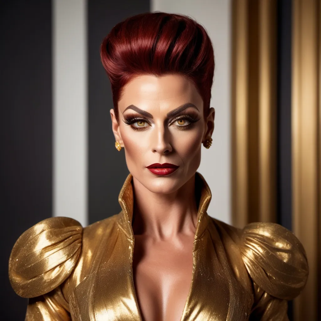 Prompt: "A gorgeous muscular German drag queen in her late thirties with striking dark red hair and light brown eyes that shimmer with a golden hue. She has a sharp, regal face and an air of authority. Known as the 'Golden Dutchess,' she is tall and muscular, exuding confidence and refinement. Dressed in a tailored noble coat with intricate detailing, she stands in a grand hall, her demeanor poised yet guarded, hinting at a troubled past beneath her polished exterior."