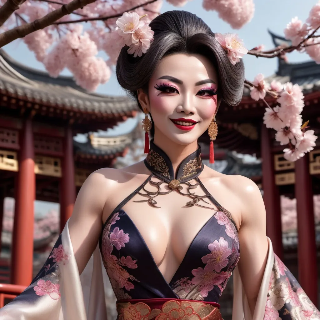 Prompt: (Chinese drag queen bodybuilder), elegant pose, delicate features, dark eyeshadow, dark lipstick, softly smiling expression, flowing traditional dress with intricate patterns, lush silk fabric, warm glowing light, serene atmosphere, cultural background elements such as cherry blossoms and ancient architecture, ultra-detailed, high quality, 4K resolution.