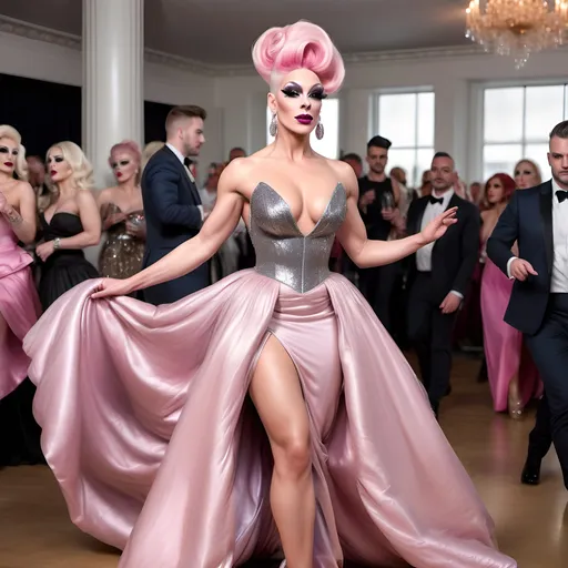 Prompt: Classy muscular 25-year-old British drag queen wearing long elegant ball gown, 8 inch stiletto high heel shoes, with dark eyeshadow and dark lipstick, and long platinum pink updo hair walking across the dance floor...