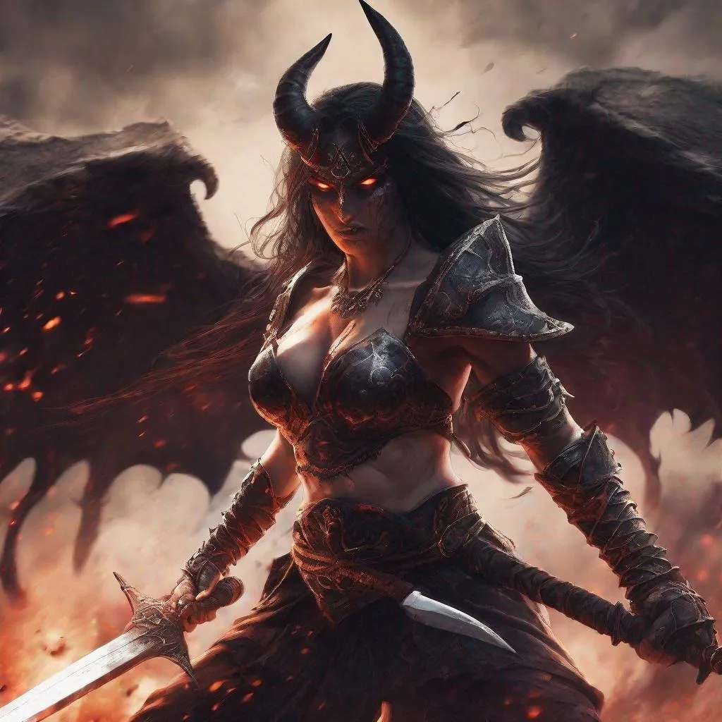 Prompt: Gorgeous demon warrior fighting her way throw hell with only a large sword.