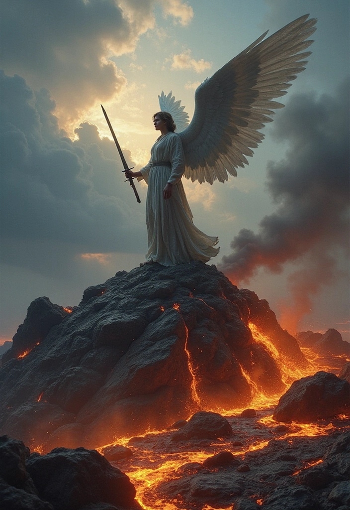 Prompt: An angel with sword standing on a hill over Hell burning with lava Seas 