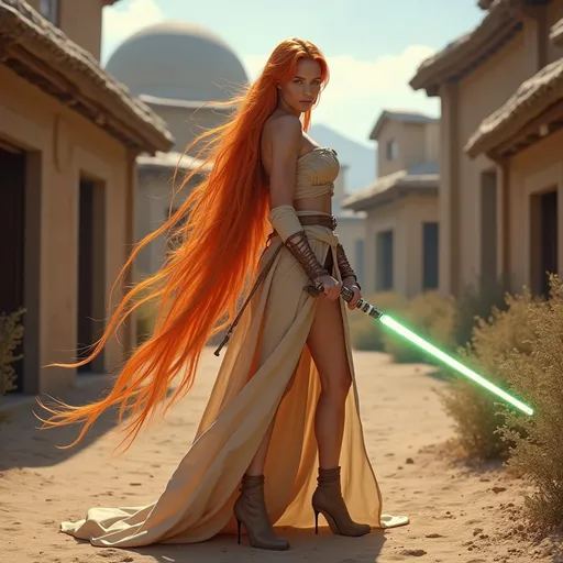 Prompt: Gorgeous ultra-muscular 25-year-old Finnish goddess with huge busom and ridiculously long flowing burnt orange hair wearing Jedi robes with a light saber and 8 inch stiletto high heel shoes posing in a futuristic village in the Star Wars universe. 
