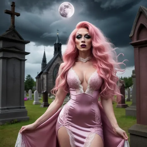 Prompt: Gorgeous 25-year-old Finnish drag queen bodybuilder with long wavy pink hair, in a high slit evening gown with a lace front and a collar, waltzes with werewolf in a churchyard under the full moon and storm clouds.