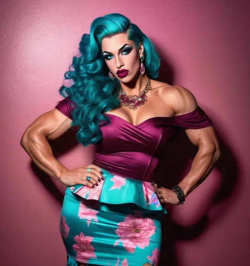 Prompt: (fullbody portrait), striking (gorgeous ultra-muscular 25-year-old Portuguese drag queen bodybuilder ((masculine jawline and brow features))), magenta wavy hair, captivating blue eyes, bold heavy makeup, dark red lipstick, adorned with (glistening jewelry), stylish floral off-shoulder t-shirt, flowing knee-length teal skirt, 8 inch stiletto high heel shoes, vibrant and expressive colors, (dramatic lighting), cheerful ambiance, high-quality HD, ultra-detailed, Lisbon town setting, emphasizing youthful confidence.