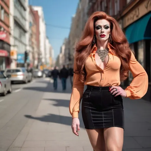 Prompt: Tall gorgeous muscular 25-year-old Russian drag queen (masculine facial features) bodybuilder with long wavy dark red hair, muscular physique, wearing a chic apricot blouse, suede miniskirt, and black stiletto high heel fashion boots, posed confidently on a vibrant high street, basking in bright sunshine, capturing the essence of a beautiful day, ultra-detailed, high-quality image, 8K, professional photography style.