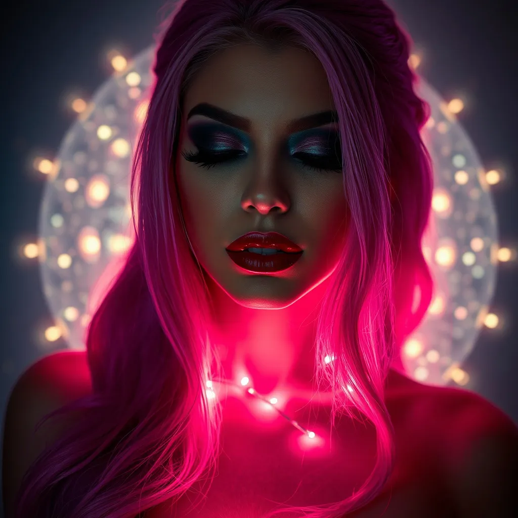 Prompt: (photorealistic painting), a gorgeous ultra-muscular 25-year-old Romanian drag queen with long pink hair, with her eyes closed, dark smokey eyeshadow and dark red ipstick, (glowing ethereal aura) behind her face and body, intricate (particles of light), inspired by Elsa Bleda's style, atmospheric and dreamy ambiance, soft and mystical lighting, high contrast between the glowing backdrop and her facial features, ultra-detailed, highly immersive, captivating and tranquil.