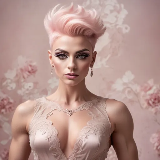 Prompt: (Gorgeous ultra-muscular 25-year-old Polish drag queen bodybuilder with very short pink spiky hair dressed in a delicate Valentino dress), ethereal elegance, soft flowing fabric, intricate lace details, graceful pose, capturing a moment of poise, muted colors with gentle pastel tones, background featuring an opulent setting, dreamy ambiance, ultra-detailed, high quality, focusing on fashion artistry, bringing forth luxury and sophistication.