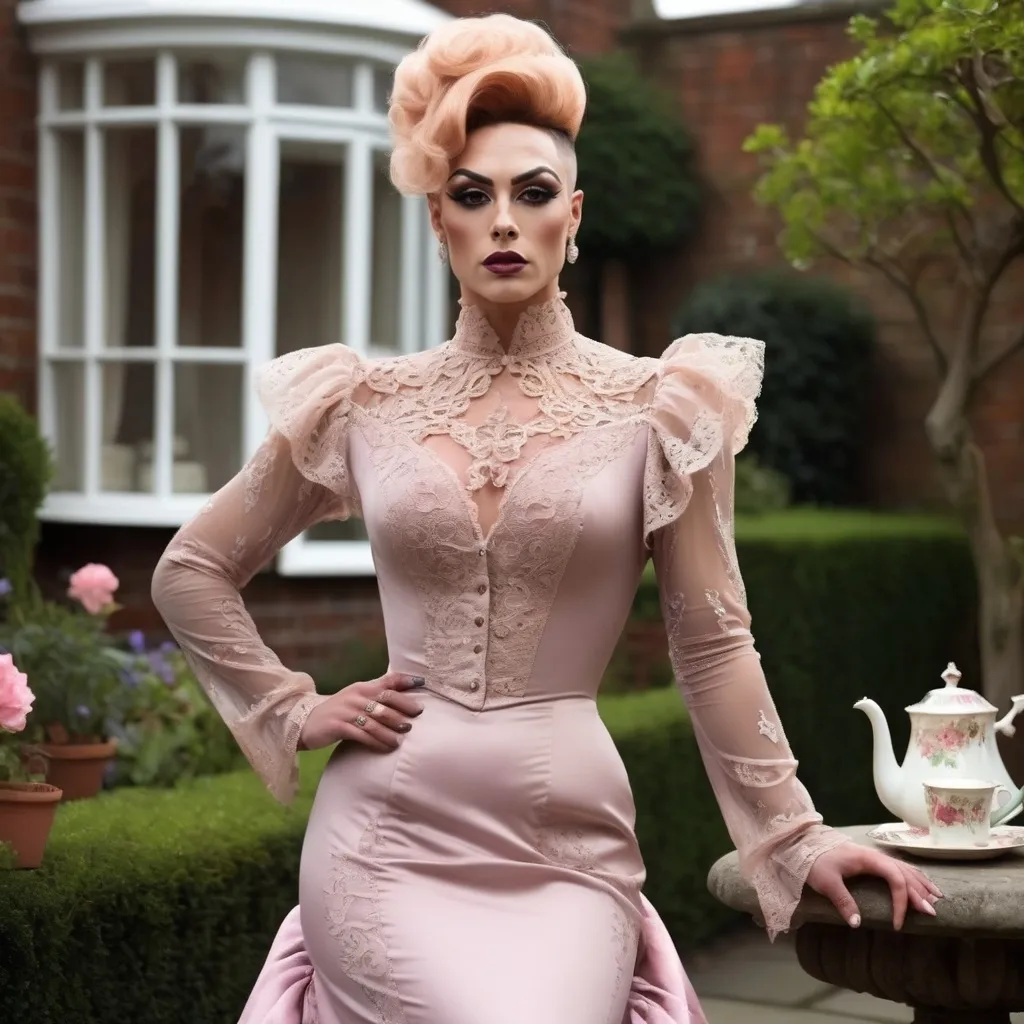 Prompt: Gorgeous muscular 25-year-old British drag queen ((strong masculine jawline and brow features)) wearing a tea-gown, year 1905. Garden patio. Lace. frills. realistic. pretty face