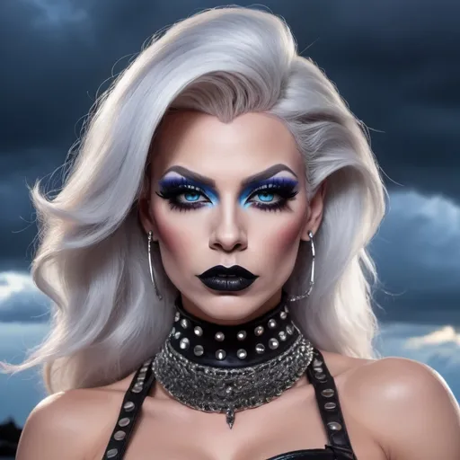 Prompt: Emo 35-year-old drag queen, muscular 
physique, black lipstick, black eyeliner, long eyelashes, blue eyes, studded choker, big lips, long nose, bare shoulders, stormy sky. Masterpiece, perfect face, beautiful, vivid colors, photorealism, portrait