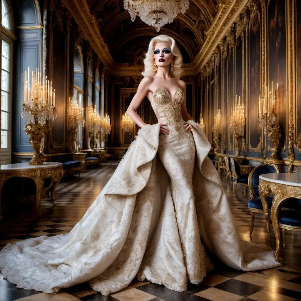 Prompt: Design a modern glamorous wedding dress worn by a real life gorgeous German drag queen model dress to be daring and glamorous and elegant, dark eye makeup, dark lipstick.  Posing in the Palace of Versailles.