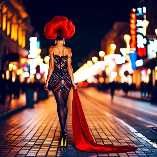 Prompt: Gorgeous ultra-muscular 25-year-old Swedish drag queen bodybuilder with extremely long dark red updo hair, long muscular legs and very well endowed dressed in a short colorful velvet dress and 8 inch stiletto high heel shoes walking elegantly through a fashionable cityscape.