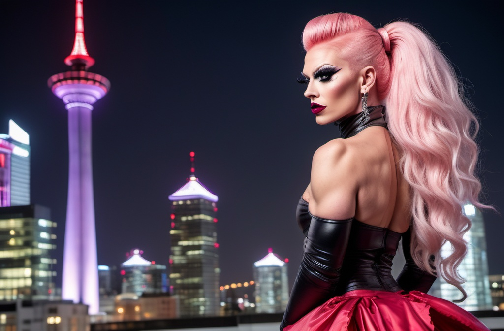 Prompt: Gorgeous ultra-muscular Finnish 25-year-old drag queen bodybuilder with huge busom and has ridiculously long platinum pink hair tied up in a pretty ponytail held upward above her head. She wears a long red skirt with ruffles and 8 inch stiletto high heel shoes.  Dark lipstick, Futuristic city background.