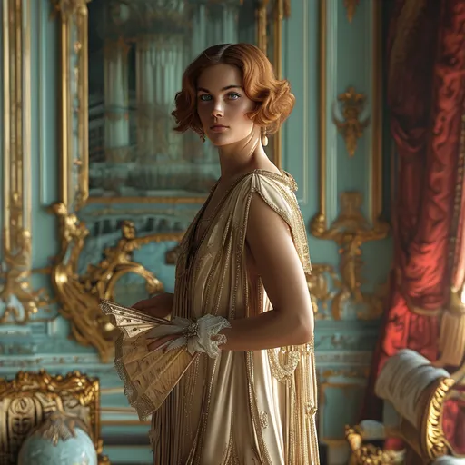 Prompt: A stunning, cinematic gigapixel photo masterfully blending photography and digital art, enhanced by the power of Unreal Engine 5 and NVIDIA Ray Tracing technology. The scene transports us to a luxurious drawing room in the 1920s, where a gorgeous, ultra-ultra-muscular 25-year-old Swedish goddess bodybuilder in an exquisite, flowing dress stands amidst opulent furnishings and intricate details. She holds a delicate fan, her thoughtful and melancholic expression hinting at the complex social games and intrigues of the era. The composition captures the glamour and elegance of the time, with a focus on the detailed interiors and her subtle facial expressions, reflecting the layered emotions and societal expectations of women during that time., cinematic, photo, fashion