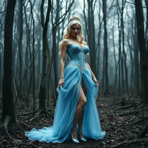 Prompt: Cinderella transformed into a gorgeous ultra-muscular 25-year-old Swedish drag queen with large busom, standing and wearing a light Blue gown, 8 inch stiletto high heel shoes, masterpiece, in a Creepy Forest,with Dead bloody trees, Beautiful, Ultra HD,16K, Extremely detailed,