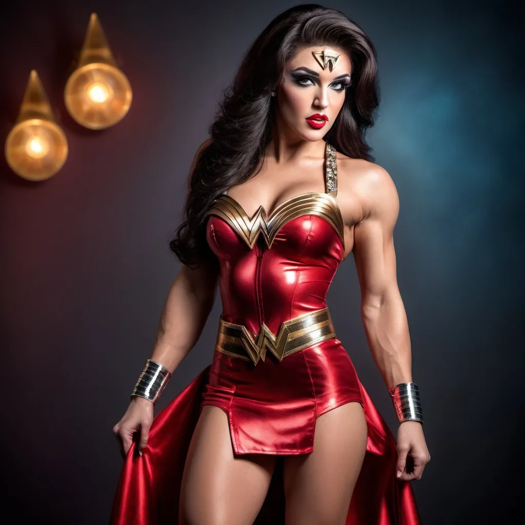 Prompt: Elvis dressed up as (Gorgeous ultra-muscular Turkish drag queen bodybuilder wearing wonder woman dress and 8 inch stiletto high heel boots) age 25 years old, dark eye makeup, dark lipstick, professional photo, vivid colors, studio lighting, hyper detailed, HDR, bokeh, long silk hair, full body, perfect anatomy, beautiful face ,Sunset background, highly realistic, ultra-detailed, 8K, high quality.