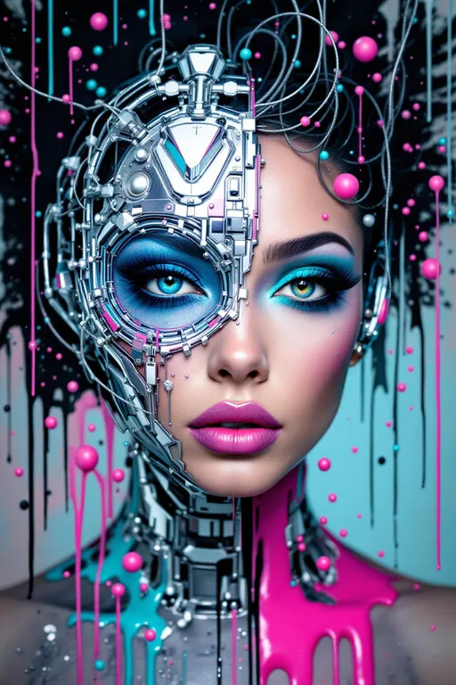Prompt: a gorgeous masculine 25-year-old drag queen's face is futuristically transformed into a chrome-plated structure covered in wires. The left blue eye is shown in photo-realistic detail. the right eye futuristic. It is surrounded by turquoise and pink detailed small shapes against an abstract background that depicts dark tones as dripping paint p
