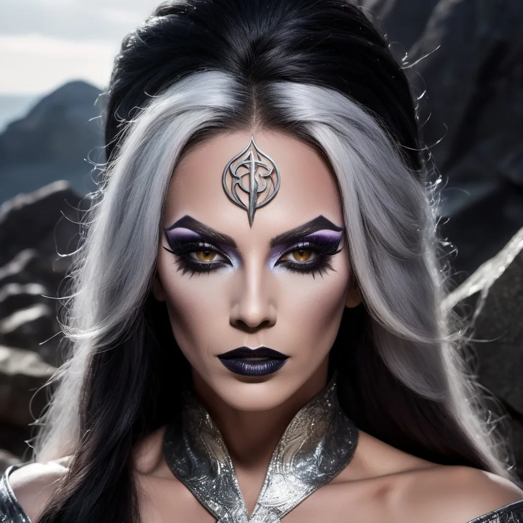 Prompt: (35-year-old gorgeous drag queen sorceress), striking black eyes, silver dark hair with silver streaks, (aura of power), good-looking features, masculine jawline and brow, dark eyeshadow, dark lipstick, wearing mystical robes, ancient runes glowing faintly, dramatic lighting casting shadows on his face, (mysterious ambiance), atop a rocky cliff with a stormy sky, wisps of magic swirling around him, ultra-detailed, cinematic atmosphere.