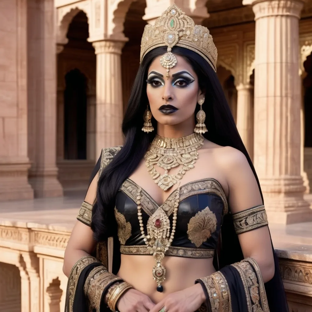 Prompt: A futuristic rendition of Indian royalty, where a gorgeous muscular 35-year-old Pakistani drag queen bodybuilder (dark eyeshadow,  dark lipstick,  heavy mascara) is dressed in a dazzling outfit featuring traditional Indian elements like rich silk, gold embroidery, and intricate jewelry, but with a high-tech twist. The palace is a blend of old and new, with ancient marble columns adorned with glowing circuit patterns, and holographic elephants walking through the palace courtyard. The scene is bathed in soft, ethereal light, creating a majestic atmosphere