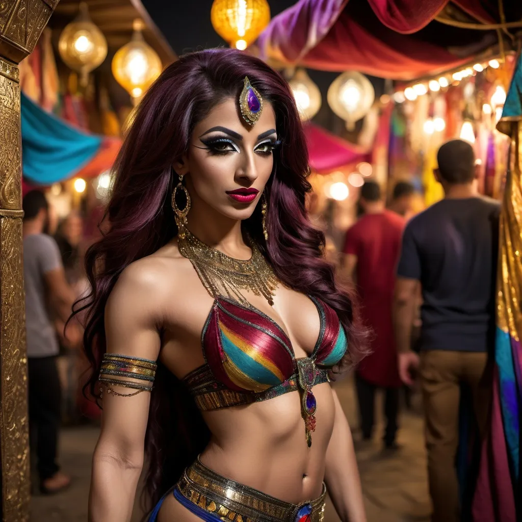 Prompt: Gorgeous ultra-muscular 25-year-old Egyptian drag queen belly dancer posing innocently at the Bazaar at night. Toned abss, dark smoky eyeshadow and dark red lipstick. Egyptian style eye liner.