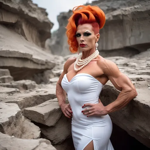 Prompt: Gorgeous ultra-muscular 35-year-old Czechian drag queen bodybuilder (strong masculine jawline and brow facial features), with huge busom and swirly red-orange updo hair, wearing a white loincloth dress with a torn hemline, a pearl necklace, red lipstick, and 8 inch stiletto high heel shoes,  posing in a quarry.