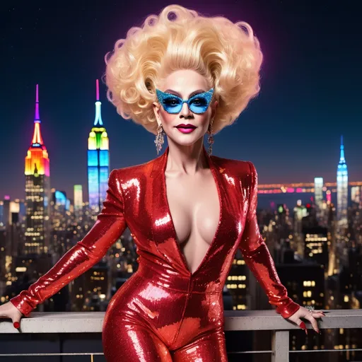 Prompt: Elton John dressed as a 25-year-old gorgeous drag queen Madonna posing on the ledge of a building, high above NYC.