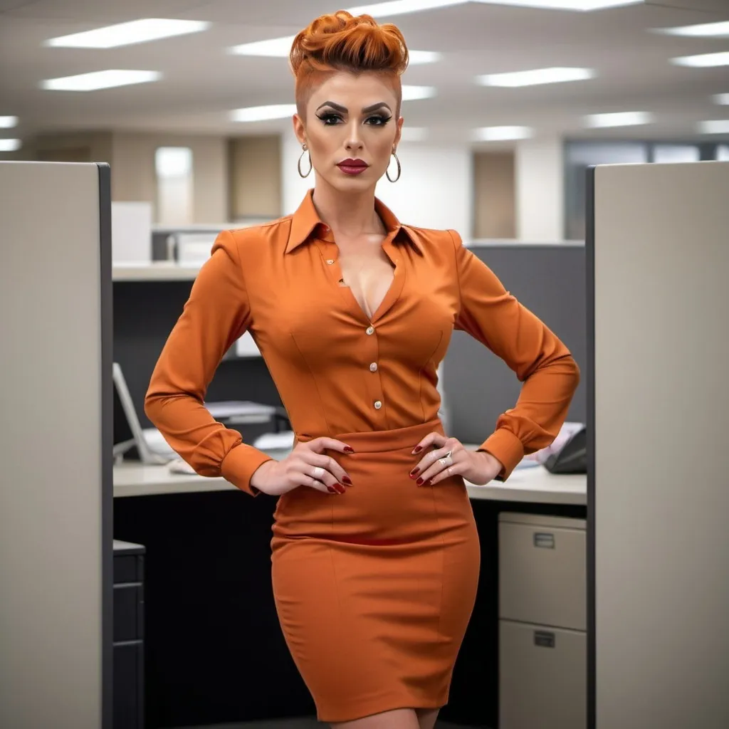 Prompt: Gorgeous ultra-muscular 25-year-old trans businesswoman, very well endowed, dark orange updo hairstyle, wearing sophisticated business dress and blouse, 8 inch stiletto high heel shoes, standing by a cubicle 