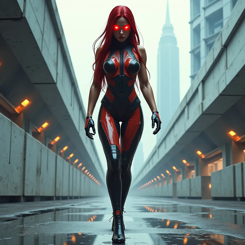 Prompt: Futuristic muscular 25-year-old Bulgarian drag queen cyborg with red lit eyes, well endowed and long dark red flowing hair walking down a hill of a futuristic sterile concrete and iron cityscape 