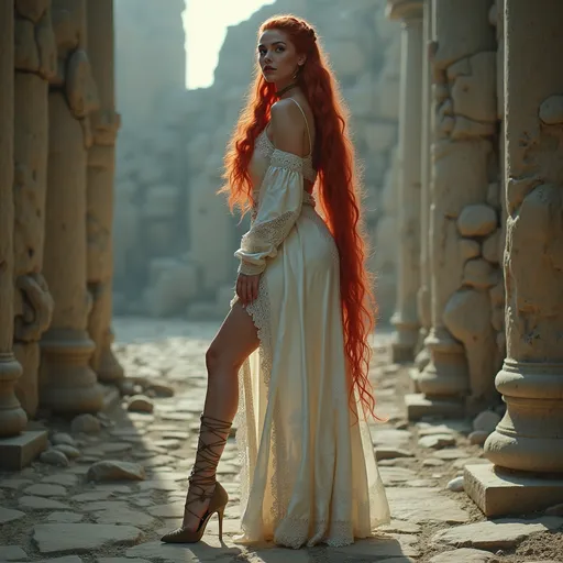 Prompt: realistc, Full body, (Hot red-headed drag queen mistress), long braided red hair, gorgeous strong face (strong masculine jawline and brow features), long white leather medieval fantasy dress, with straps and lace, stunning high heels, dominant stance, looking over shoulder, set between ancient ruins, magical spells in the air