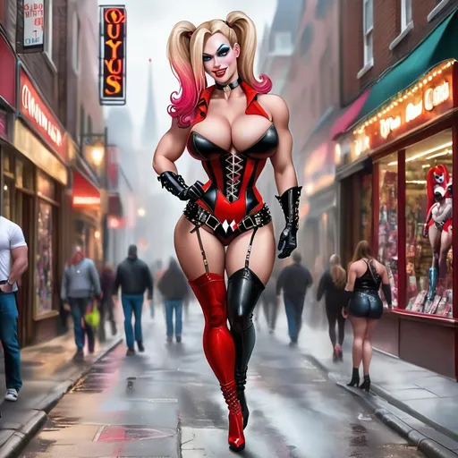 Prompt: Gorgeous ultra-muscular 25-year-old drag queen bodybuilder, dressed as Harley Quinn, long muscular legs, large busom, walking down the high street, choker necklace, corset, 8 inch stiletto thigh-high high heel boots, detailed clothing, realistic, natural lighting, full body, bodybuilder, full length, hi-res, 4k hd. Ultra-realistic, ultra-detailed.