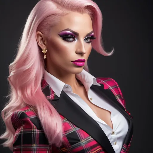 Prompt: Professional head to feet profile of a gorgeous ultra-muscular 25-year-old Finnish drag queen bodybuilder, intricate diamond face, very long straight shiny pink hair, arched eyebrows, button nose, intricate makeup, gold jewelry, multicolored blazer, white blouse, pleated black tartan skirt, 8 inch stiletto high heel shoes, high-res photo, detailed, realistic, professional, head to waist, vibrant colors, intricate details, high quality, indoor photo, warm light, shoulders turned away from camera, head tilted, dynamic pose