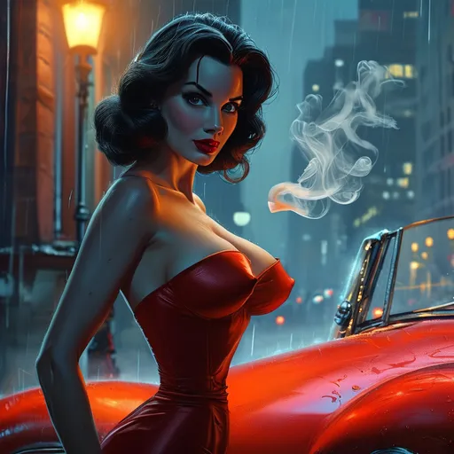 Prompt: ((In the style of film noir)) Jessica Rabbit live action played by a gorgeous ultra-muscular 45 years old Czechian goddess bodybuilder, dressed in a sensual, form-fitting red gown, illuminated by a dim streetlamp in a gritty, rain-soaked city. She leans against a vintage, black convertible, a cigarette holder delicately held between her fingers, the smoke enveloping her like a mysterious haze. In the background, shadows cast by towering skyscrapers create an ambiance of intrigue and danger.