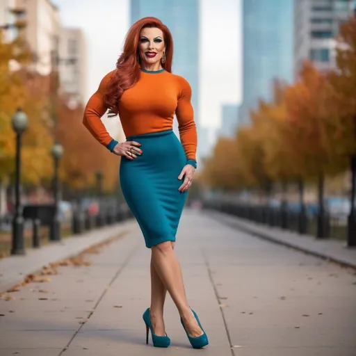 Prompt: 8k hi-res hd ultra-realistic full-length digital photograph of a Gorgeous muscular 35-year-old Portuguese drag queen bodybuilder (very strong masculine jawline and brow features), extremely long burnt orange hair hair, skin tight teal sweater dress, pinup body, big busom, shallow depth of field, soft smile, happy, 8 inch stiletto high heel shoes, Standing on court sidewalk in fall. Composition focus on long muscular legs. Full-length photo. Head to toe. Ultra-detailed.