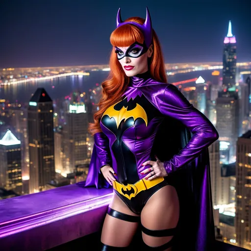 Prompt: Peg Bundy dressed as a 25-year-old gorgeous drag queen Batgirl posing on the ledge of a building, high above Gotham.