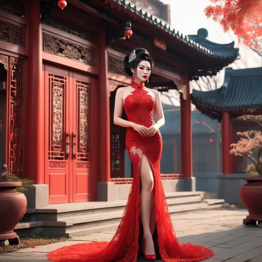 Prompt: 
The scene unfolds at the grand entrance of a traditional Chinese mansion, adorned with festive spring couplets. A young, beautiful, and elegant Chinese drag queen bodybuilder, the lady of the house, stands gracefully at the doorway. She is dressed in a stunning red, sheer lace cheongsam, exuding charm and sophistication. With her hands clasped in a traditional gesture of greeting, she warmly wishes passersby a joyous New Year.
hyper realistic photo, professional photo, HDR, UltraHD, a lot of details, pixel study, 3D, detail, photorealism, majestic, stunning, elegant, brilliant, sumptuous, magnificent, effulgent, refulgent, fantasy, epic, mystic, full body view, classical and warm lighting style and cinematic art
