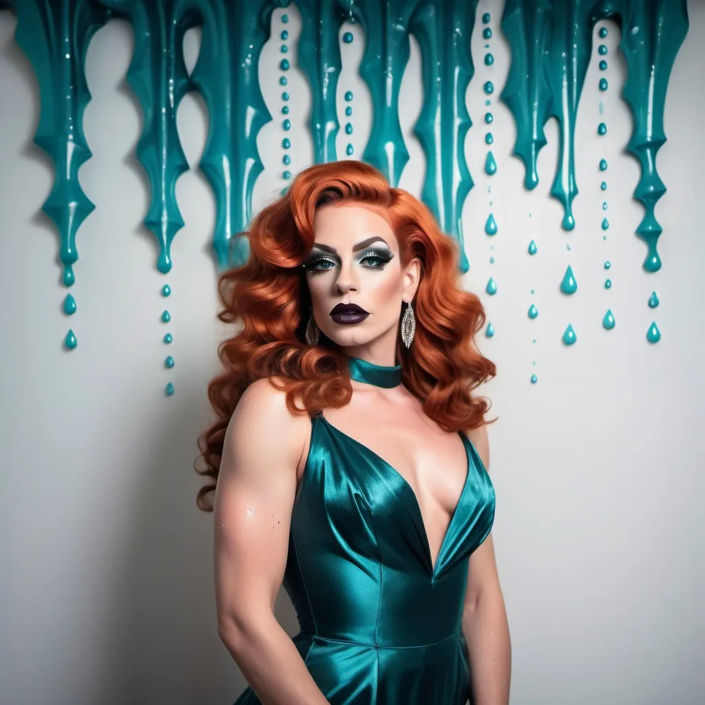 Prompt: The image is a full body portrait of a gorgeous muscular 25-year-old French drag queen with dark orange wavy hair, dark eyeshadow,  and dark lipstick (with strong masculine jawline and brow) posing in a teal satin dress. She is standing in front of a white wall with water droplets cascading down it. The dress is made of a shiny, satin-like material and has a high neckline with a lace overlay. The drag queen is wearing large, dangling earrings. She has a gold clutch in her hand and is looking directly at the camera with a serious expression. The overall mood of the image is elegant and sophisticated.