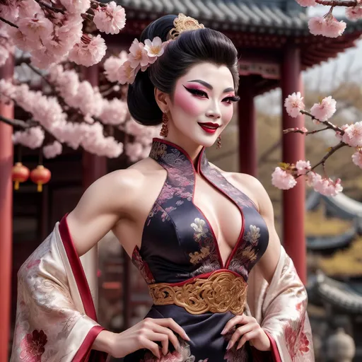 Prompt: (Chinese drag queen bodybuilder), elegant pose, delicate features, dark eyeshadow, dark lipstick, softly smiling expression, flowing traditional dress with intricate patterns, lush silk fabric, warm glowing light, serene atmosphere, cultural background elements such as cherry blossoms and ancient architecture, ultra-detailed, high quality, 4K resolution.