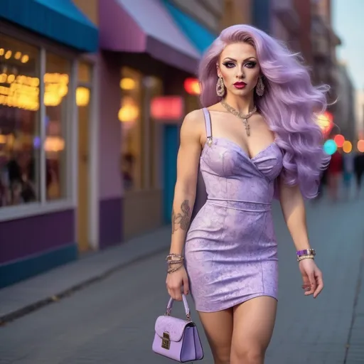 Prompt: High-quality detailed digital photograph of an 27-year-old Russian drag queen (strong masculine facial features) bodybuilder in a cute dress outfit and wearing cute 8 inch stiletto high heel shoes, very long wavy lavender hair (((blowing in the wind))), wearing a cute cross-body handbag, vibrant and colorful, adorable expression, soft lighting, detailed eyes, professional, 4k, ultra-detailed, cute outfit, cute cross-body handbag, adorable expression, soft lighting