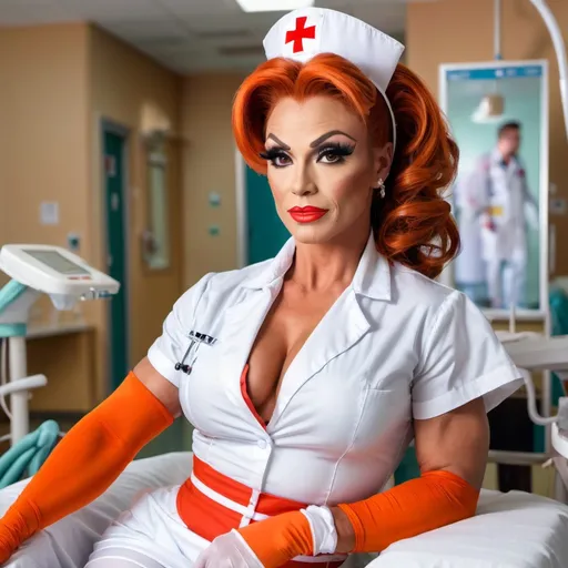 Prompt: Gorgeous muscular drag queen bodybuilder dressed as a nurse, age 25, long very dark orange tight updo hair, WHITE nurses uniform, WHITE nylon stockings, 8 inch stiletto high heel shoes sitting in a emergency room in a hospital, showing legs