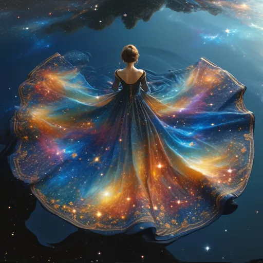 Prompt: Visualize a woman in a magnificent dress that resembles a cosmic galaxy. The dress is designed with a gradient of deep space colors, from the intense blues and purples of nebulae to the stark black of the void, sprinkled with stars and celestial bodies. It flows elegantly, defying gravity, as if she's floating through the cosmos. Her posture is majestic and serene, with her arms gently raised as if she's orchestrating the very movement of the stars. The backdrop is the infinite darkness of space, and below her, the reflective surface suggests she is hovering above a mirror-like lake that reflects the universe contained in her gown.