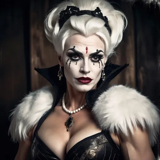 Prompt: Grunge medieval Cruella drag queen bodybuilder (strong drag queen facial features), impasto, old picture effect, whimsical, highres, detailed, medieval, impasto, old picture effect, grunge, Snow White, fairy tale, dark tones, atmospheric lighting