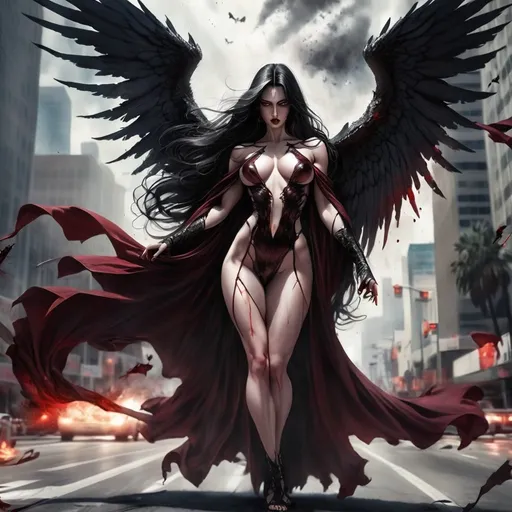 Prompt: Gorgeous, muscular, female, angel of death wearing dark and bloody robes. Ridiculously large wings. Ridiculously long flowing black hair. Flying over the streets of Los Angeles during Armageddon. 