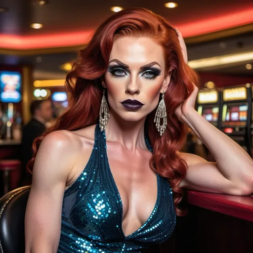 Prompt: Gorgeous, muscular, transwoman showgirl (with very strong masculine jawline and brow) with long luscious bright red hair, dark eye makeup,  and dark lipstick wearing a beautiful designer sequined gown and heels. Sitting confidently at the bar in a casino. 