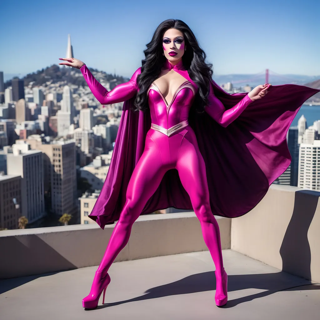 Prompt: Gorgeous muscular 25-year-old Superhero called SuperDrag Queen wearing pink tights, magenta cape and pink stiletto high heel boots, she has long very wavy black hair, dark eyeshadow and dark lipstick. She's hovering over San Fransisco, strong pose. 