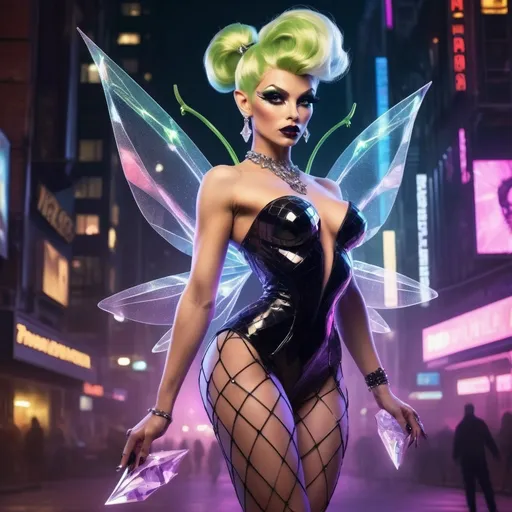 Prompt: Gorgeous muscular cyberpunk drag queen Tinkerbell, great legs, crystal high heels,  dark lipstick.