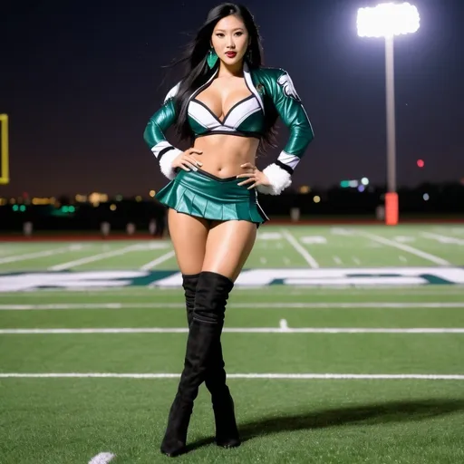 Prompt: Gorgeous ultra-muscular 25-year-old Chinese goddess with huge busom and long straight black hair dressed as a Philadelphia Eagles Cheerleader wearing eight inch stiletto thigh-high high heel boots and dancing on a football field at night.