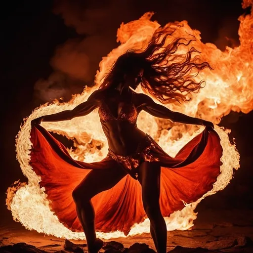 Prompt: very muscular dancing female, dancing on fire, silhouette, lava, long flowing fire gown, huge busom, long wavy fiery hair, long muscular legs, very muscular dancing female, mystical background, 