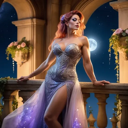 Prompt: A dreamy and ethereal scene of a gorgeous muscular 35-year-old French drag queen bodybuilder (with big busom) standing gracefully on an ornate balcony bathed in soft moonlight, waiting for Romeo. She wears a flowing, shimmering Renaissance gown that glows subtly, as if woven with stardust. The balcony is adorned with cascading ivy, enchanted roses that emit a gentle golden glow, and delicate fireflies dancing in the air. The night sky is a deep twilight blue, filled with twinkling stars and a luminous full moon. Wisps of magical mist swirl around, reflecting hues of silver and lavender, while faint celestial figures seem to watch over her from above. The atmosphere is infused with an otherworldly, fairytale-like romance, as if the scene exists between dreams and reality