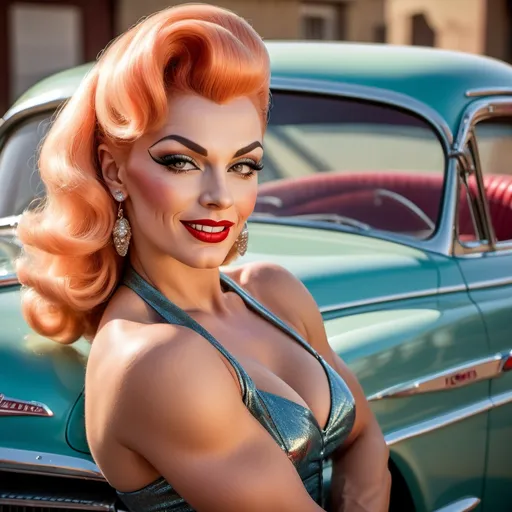 Prompt: photorealistic, (hyperrealistic) portrait of a 50s pinup drag queen bodybuilder model (strong masculine jawline and brow features), posing alluringly by a classic vintage 50s car, vibrant colors, warm sunlight illuminating her radiant skin, nostalgic ambiance, vintage pin-up poster style, high-quality, detailed textures, retro fashion style, captivating smile, glossy finish, soft focus on the background to highlight the model and car, creating a timeless nostalgic feel.