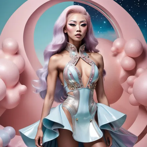 Prompt: Gorgeous muscular 25-year-old Japanese drag queen bodybuilder with large busom, 
wearing (Miu Miu Space dress), elegant fashion design, futuristic style, playful shapes, ethereal textures, celestial colors, muted pastel tones contrasted with metallic accents, detailed embellishments, floaty silhouette, dreamy atmosphere, high fashion photography, ultra-detailed, captivating backdrop of a starry night sky, surrounded by cosmic elements, (4K), (trendy and chic).