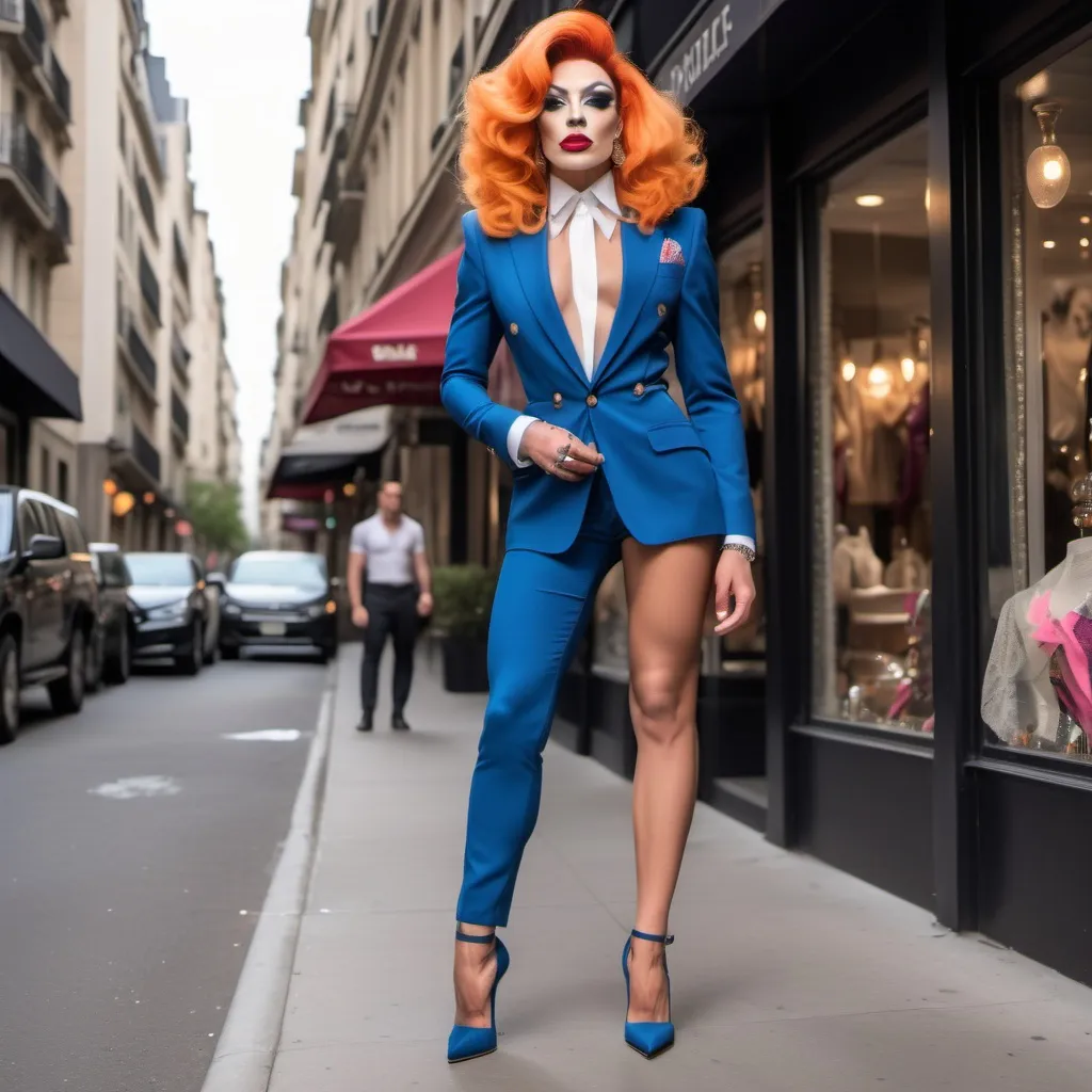 Prompt: The most beautiful masculine 25-year-old, fit, French drag queen ever. Wearing a gorgeous ensemble of men's and women's clothing with 8 inch stiletto high heel shoes.